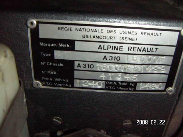 Placa Identificadora Renault Alpine Placa de Muestra A310a 310 V6 S36 