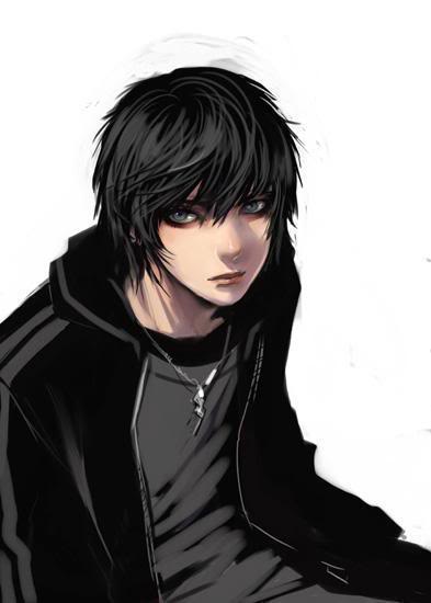 anime boy with black hair. Appearance: Emoish, lack hair